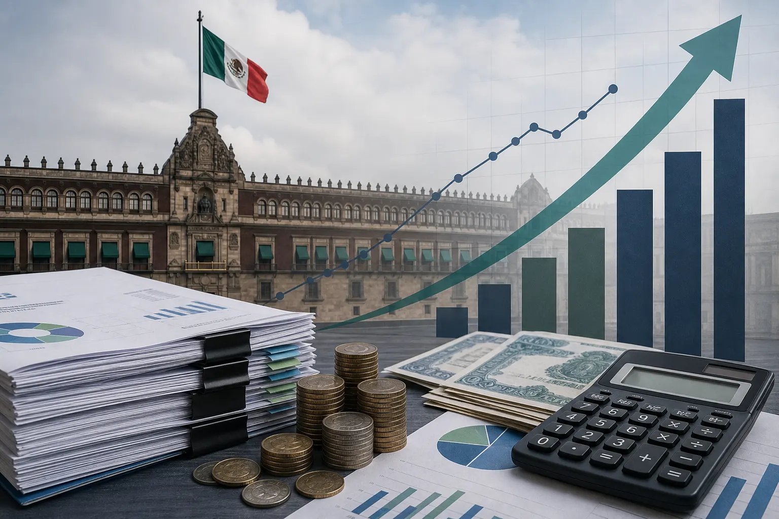 Documentos de deuda pública y presupuesto frente a una ilustración del Palacio Nacional en México