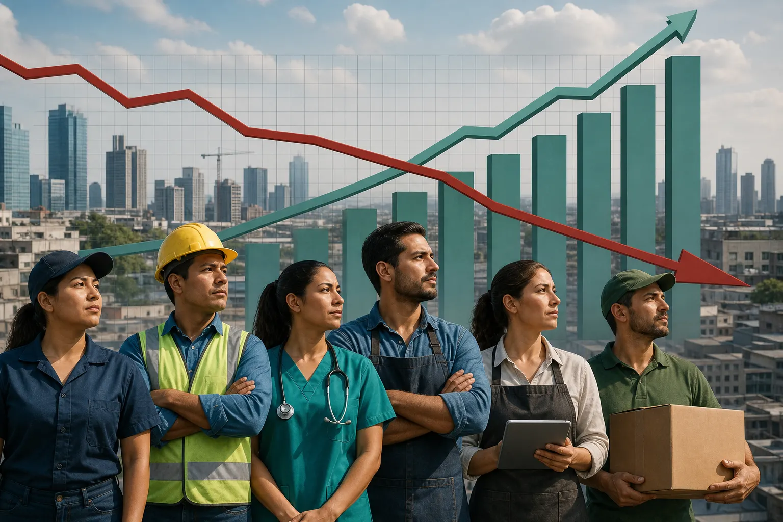 Trabajadores mexicanos frente a una gráfica sobre salarios y utilidades empresariales
