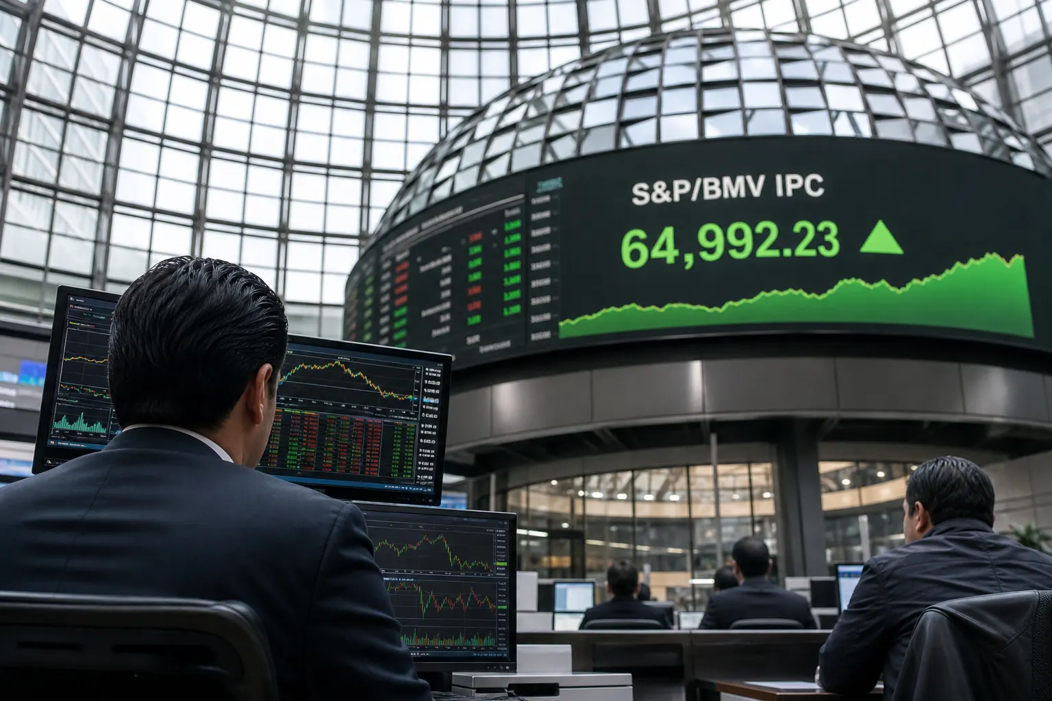 Pantallas de la Bolsa Mexicana de Valores muestran el avance semanal del índice S&P/BMV IPC