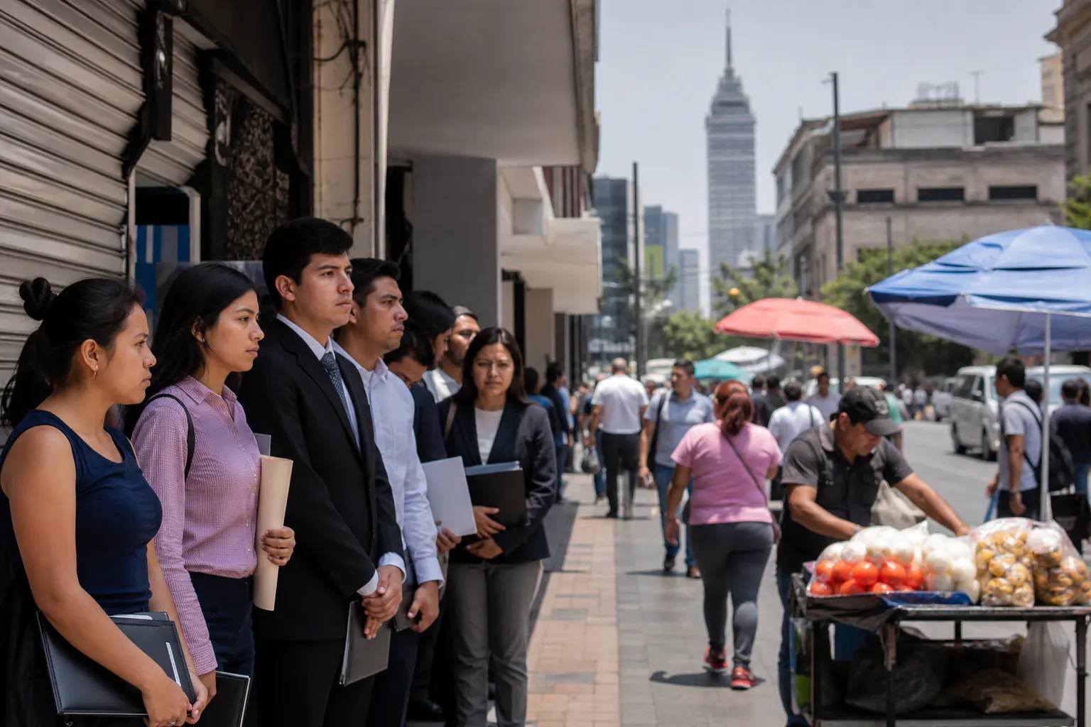 Trabajadores mexicanos en una zona comercial durante agosto de 2026