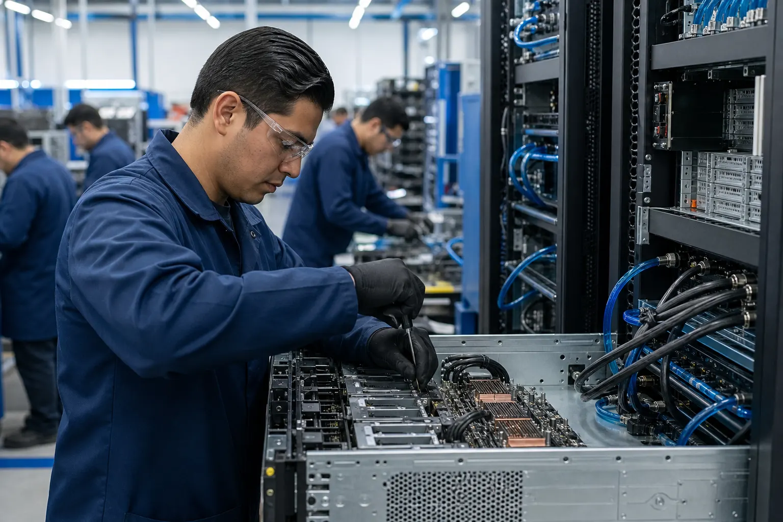 Trabajadores ensamblan servidores de inteligencia artificial en una planta tecnológica de Guadalajara