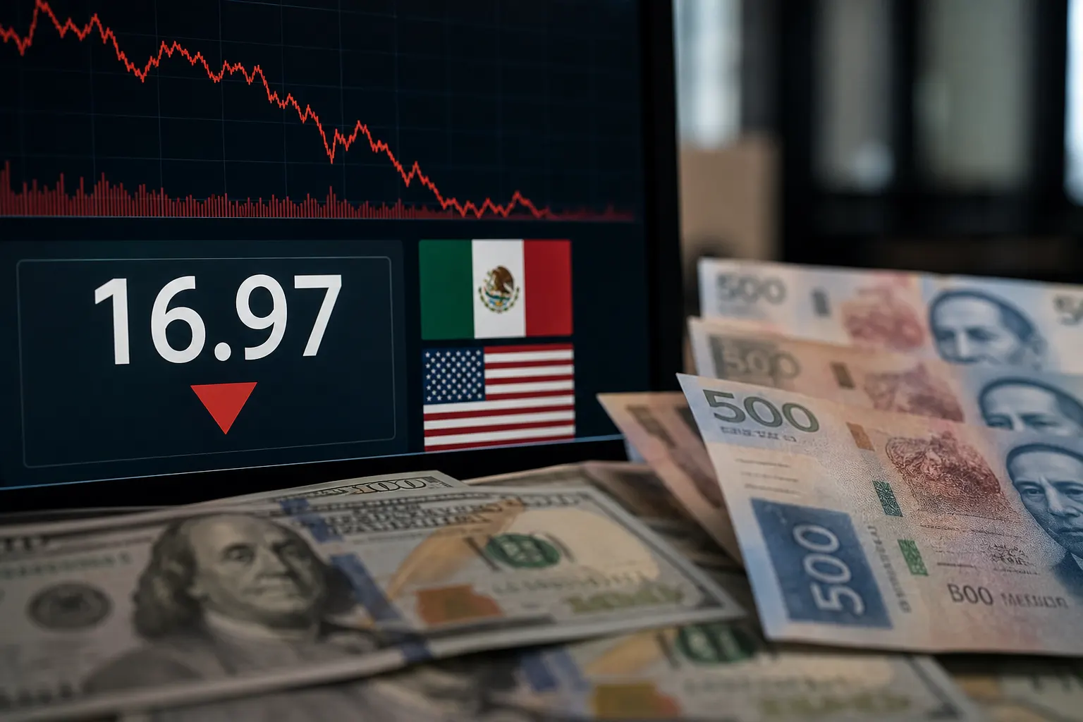 Pantalla con el tipo de cambio del peso mexicano frente al dólar