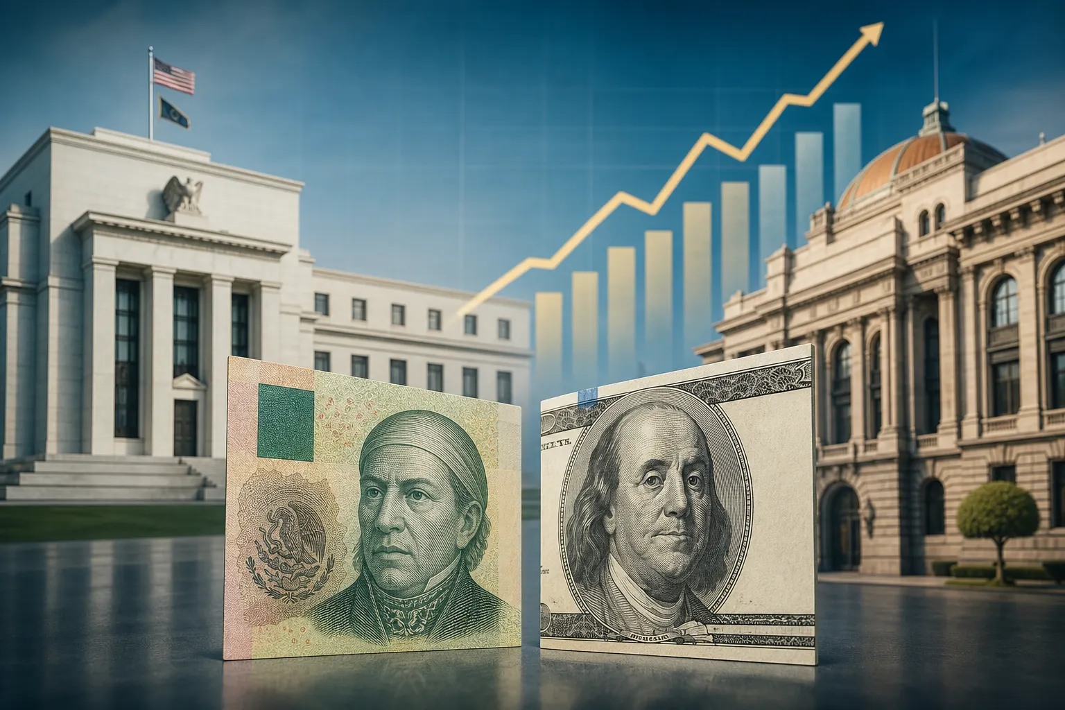Peso mexicano frente al dólar y gráficos de tasas de interés tras el alza de la Fed