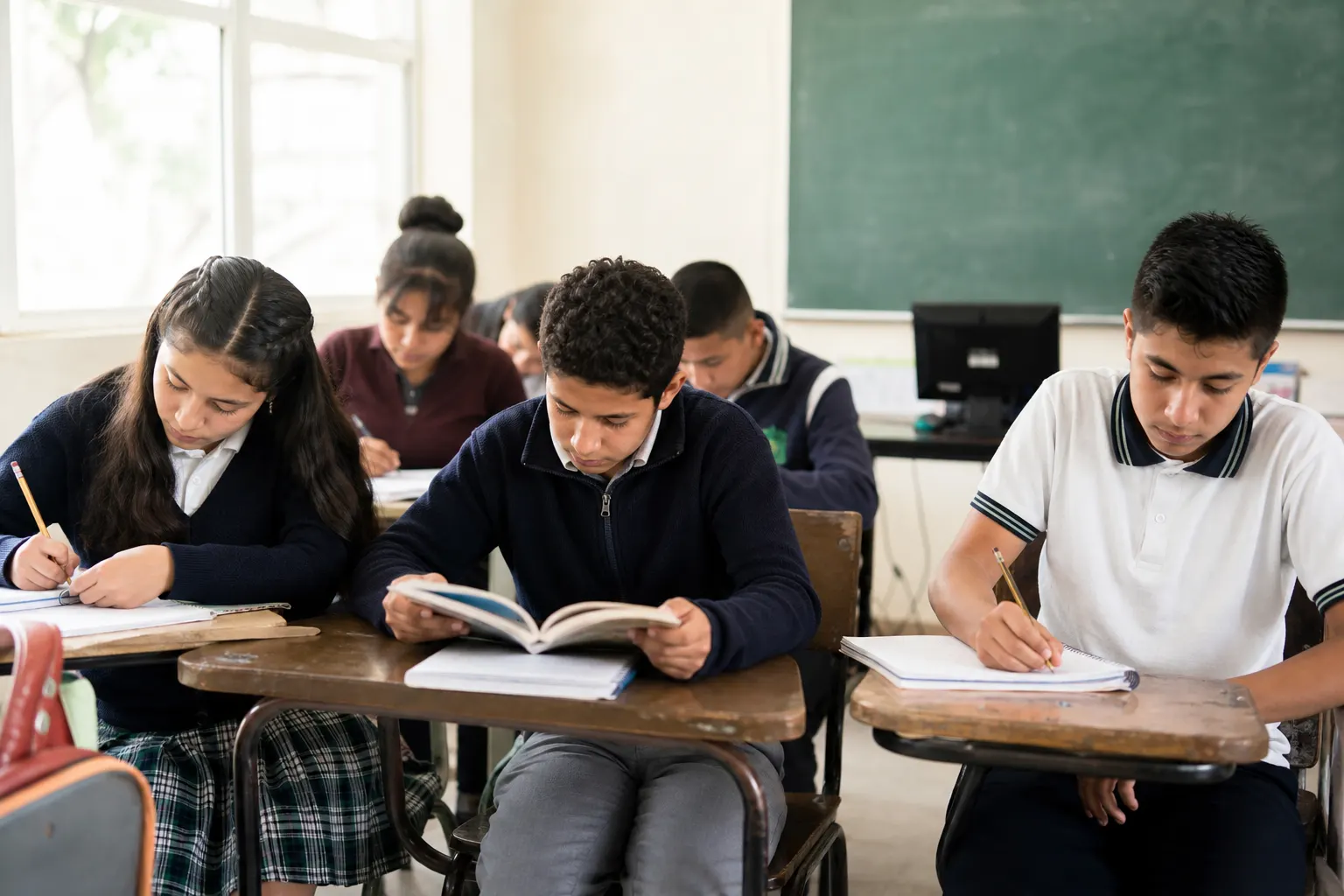 Estudiantes mexicanos de secundaria realizan actividades de matemáticas y lectura en un salón de clases