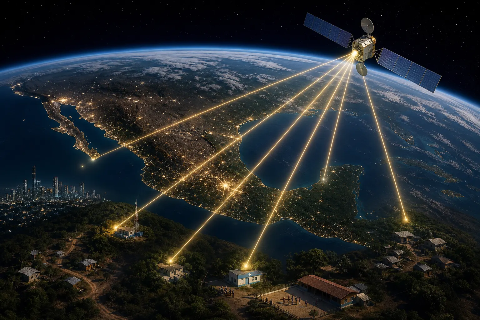 Satélite mexicano de telecomunicaciones sobre comunidades rurales de México