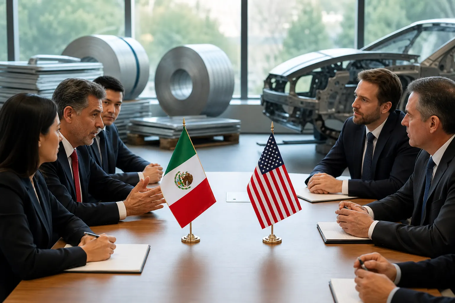 Documentos del T-MEC junto a piezas automotrices, acero y banderas de México y Estados Unidos