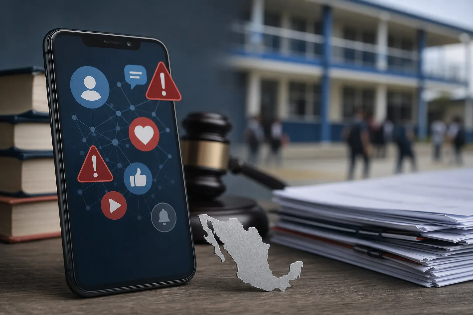 Teléfono con alertas de contenido violento junto a documentos sobre regulación digital en México